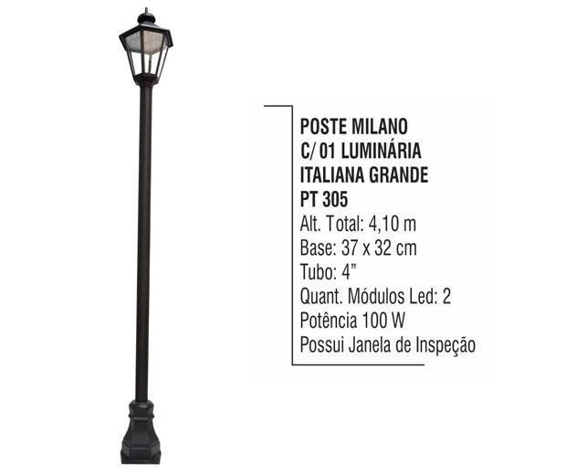 Poste Milano com 01 Luminária Italiana Grande - LED